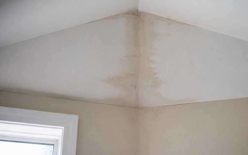 Water stain on a ceiling below a leaking roof valley